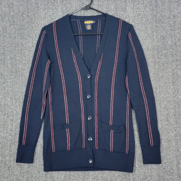 Ralph Lauren Rugby Cardigan Sweater Womens Small Blue Striped 100% Merino Wool - Picture 1 of 12